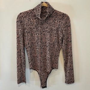 NWOT Motel Rocks Bodysuit Black/Nude Zebra Long Sleeve, Thong, Animal Print, L